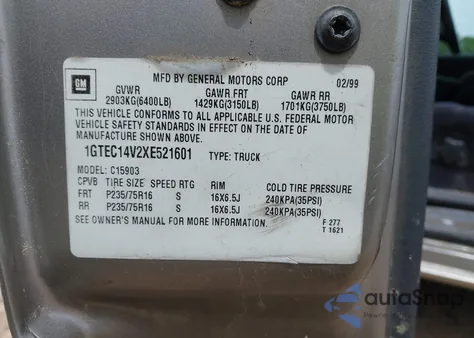 1999 GMC Sierra 1500 Sle из США, поврежденный, VIN 1GTEC14V2XE521601